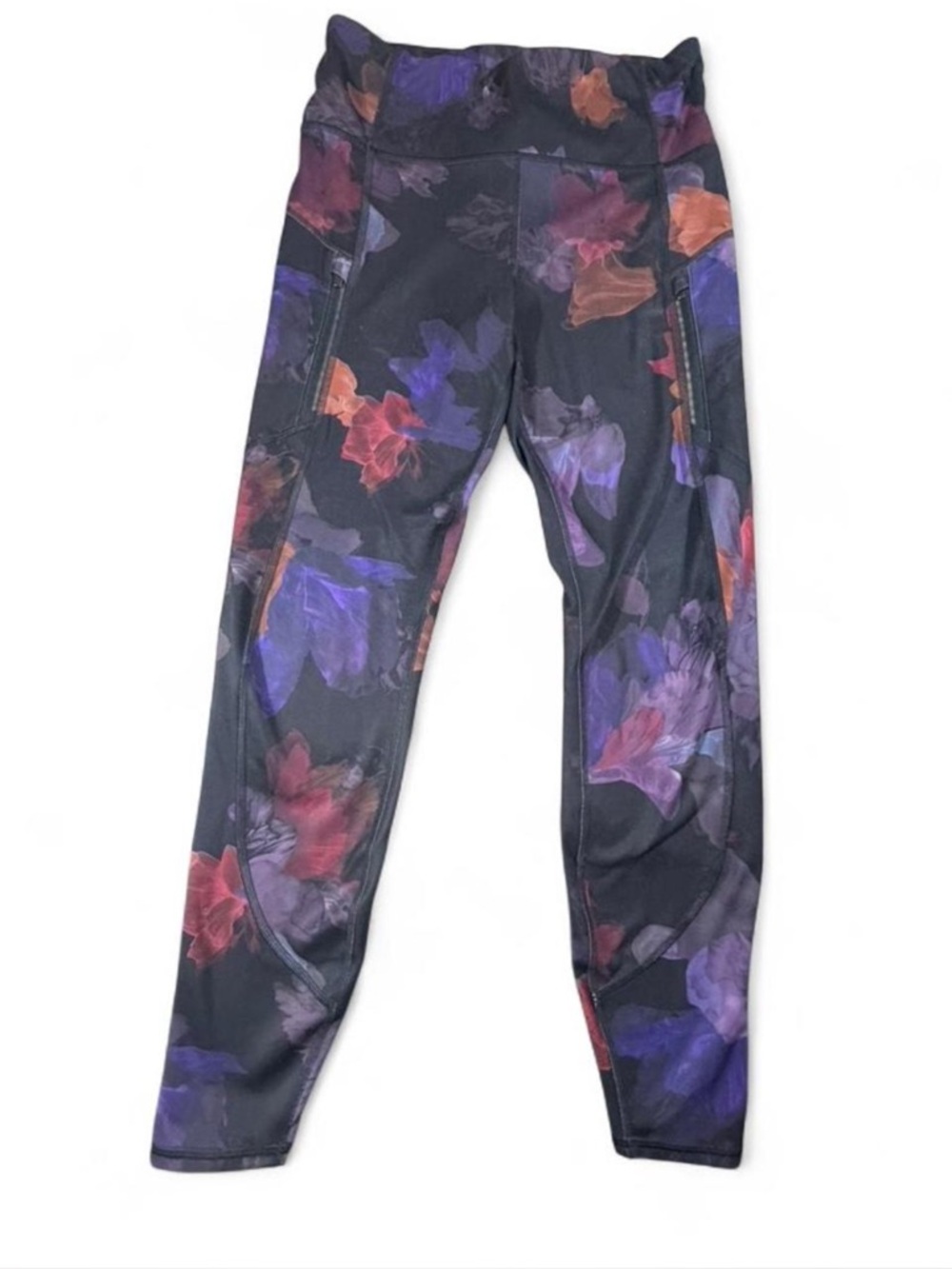 Athleta Rainier Printed Leggings Floral Black Purple Zip Pocket Athletic Size M